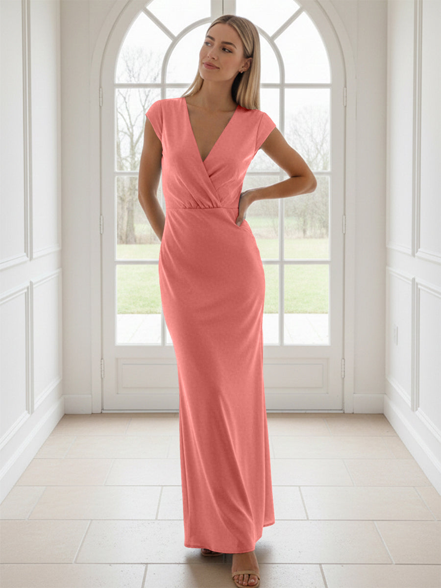 V Neck Short Sleeves Pleated Satin Sheath Formal Dresses