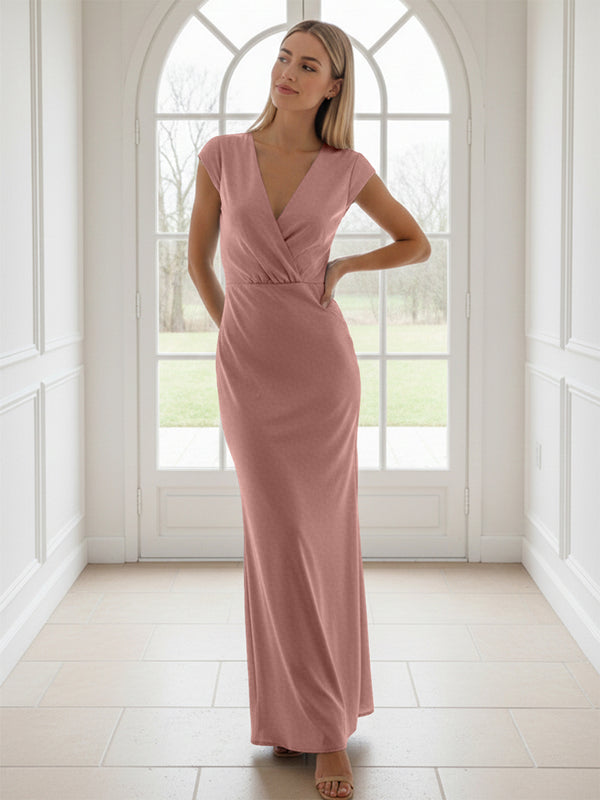 V Neck Short Sleeves Pleated Satin Sheath Bridesmaid Dresses