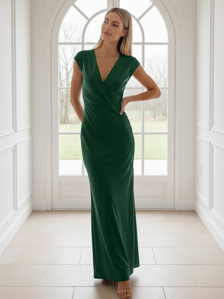 V Neck Short Sleeves Pleated Satin Sheath Formal Dresses
