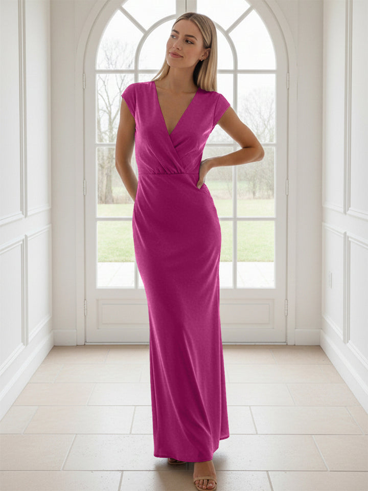 V Neck Short Sleeves Pleated Satin Sheath Formal Dresses