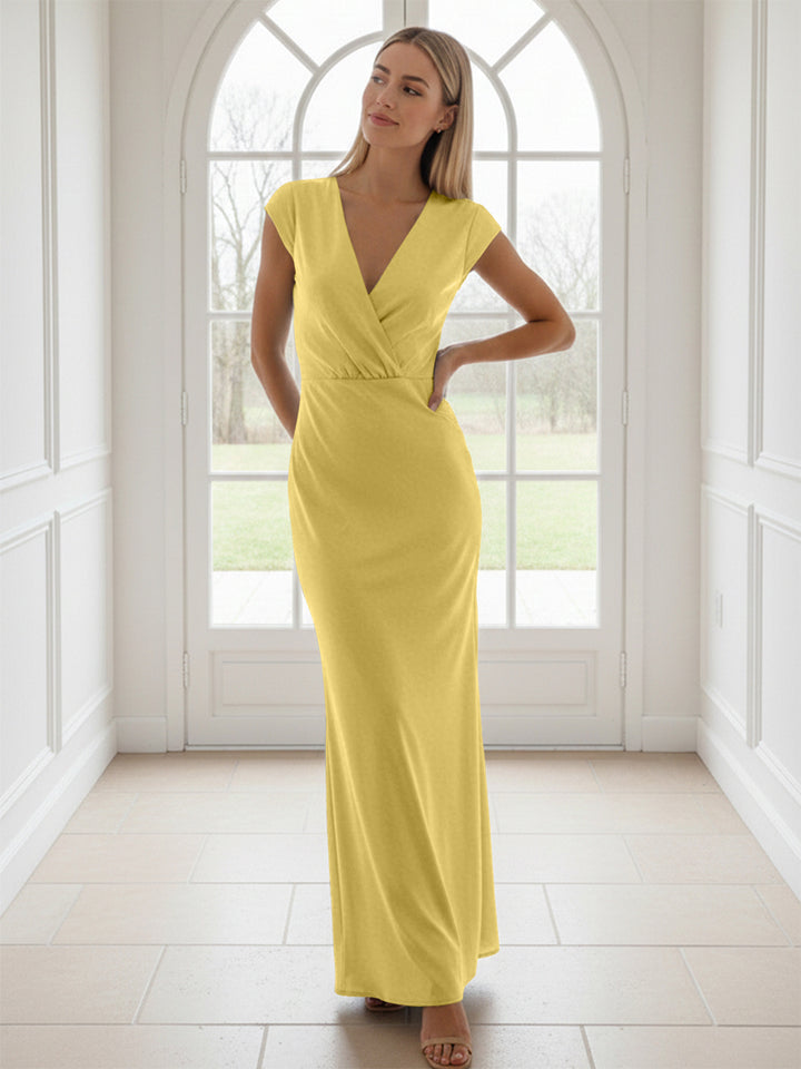 V Neck Short Sleeves Pleated Satin Sheath Formal Dresses