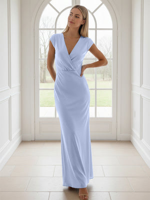 V Neck Short Sleeves Pleated Satin Sheath Bridesmaid Dresses
