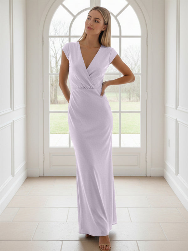 V Neck Short Sleeves Pleated Satin Sheath Bridesmaid Dresses