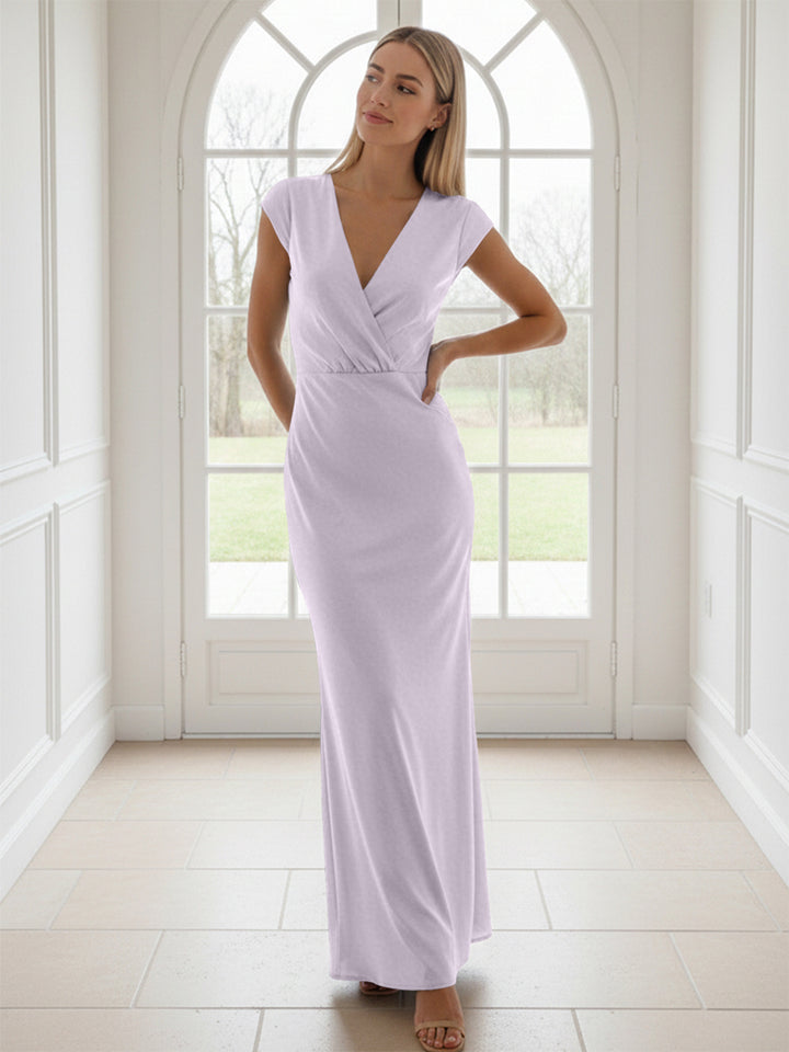 V Neck Short Sleeves Pleated Satin Sheath Formal Dresses