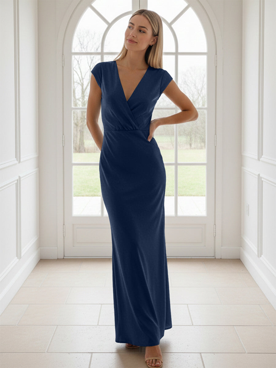 V Neck Short Sleeves Pleated Satin Sheath Formal Dresses