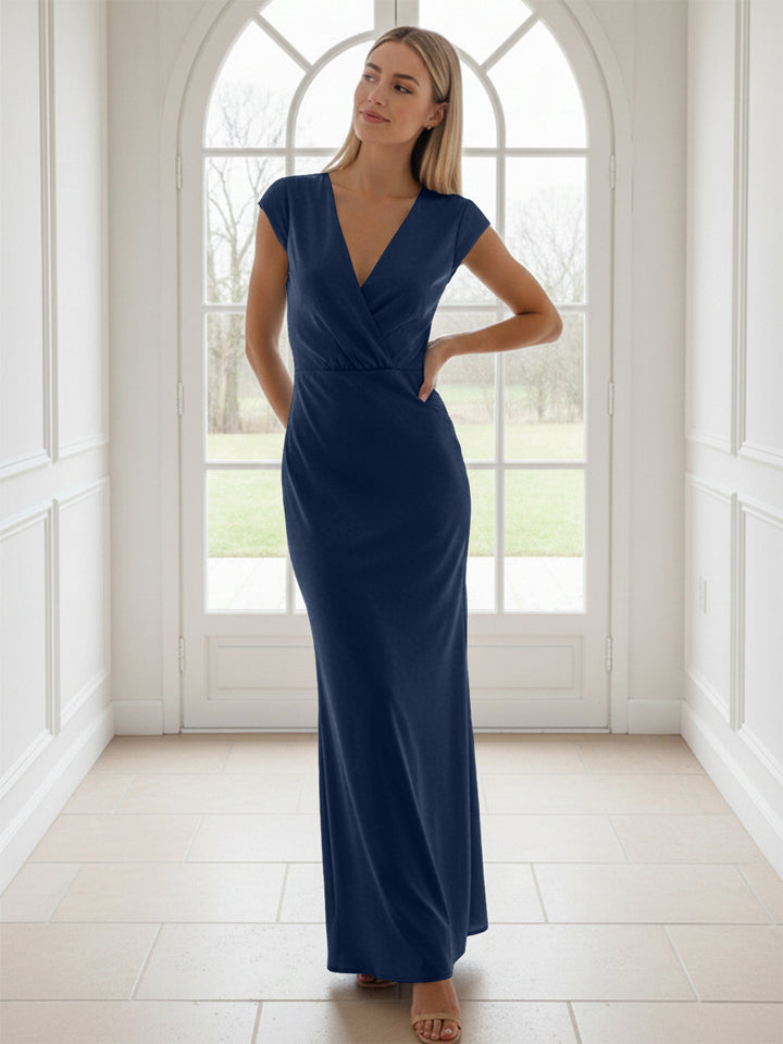 V Neck Short Sleeves Pleated Satin Sheath Formal Dresses
