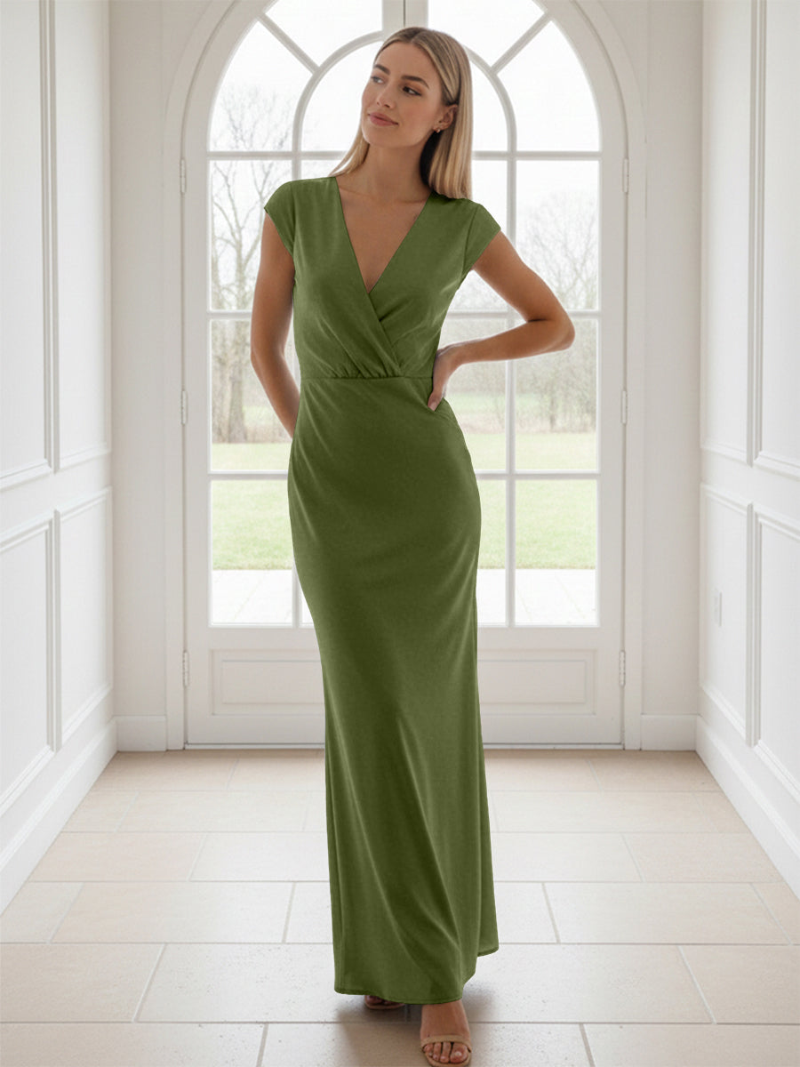 V Neck Short Sleeves Pleated Satin Sheath Formal Dresses