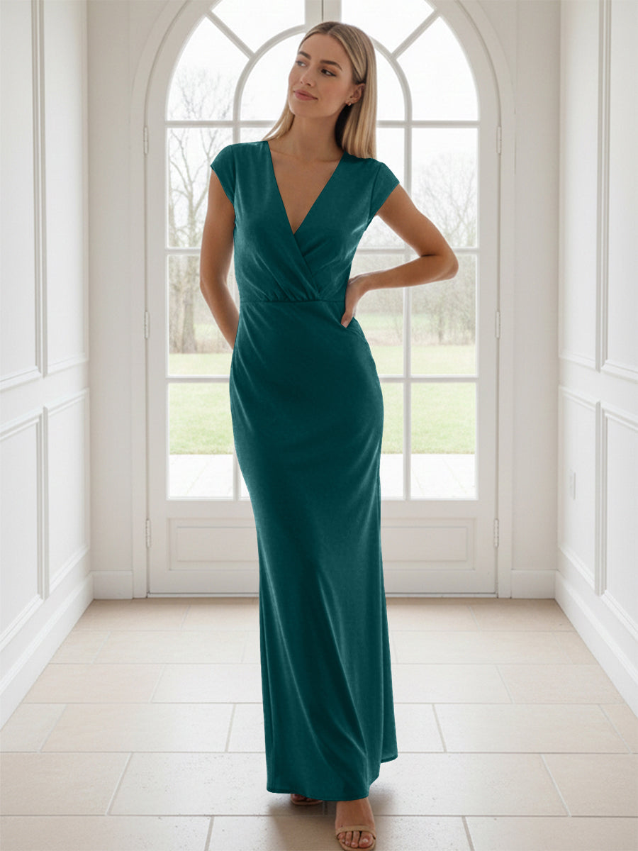 V Neck Short Sleeves Pleated Satin Sheath Formal Dresses