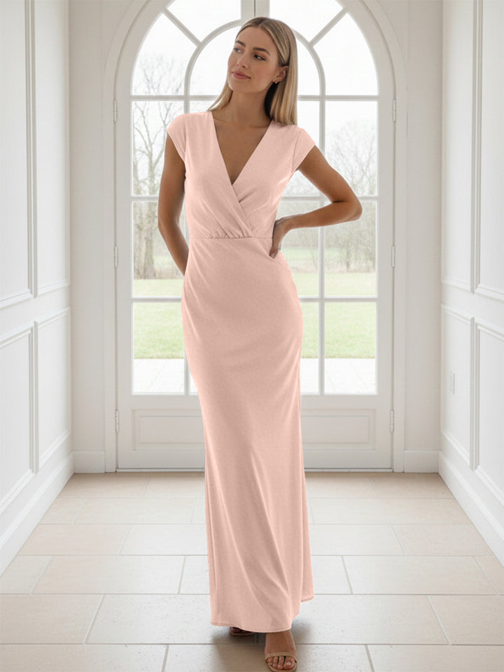V Neck Short Sleeves Pleated Satin Sheath Formal Dresses