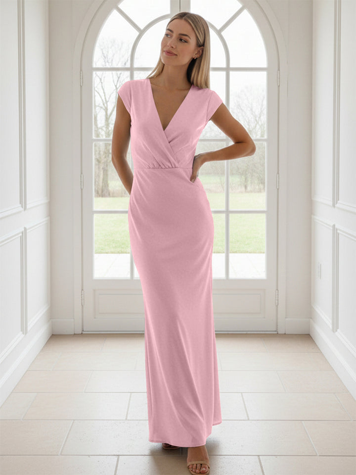V Neck Short Sleeves Pleated Satin Sheath Formal Dresses