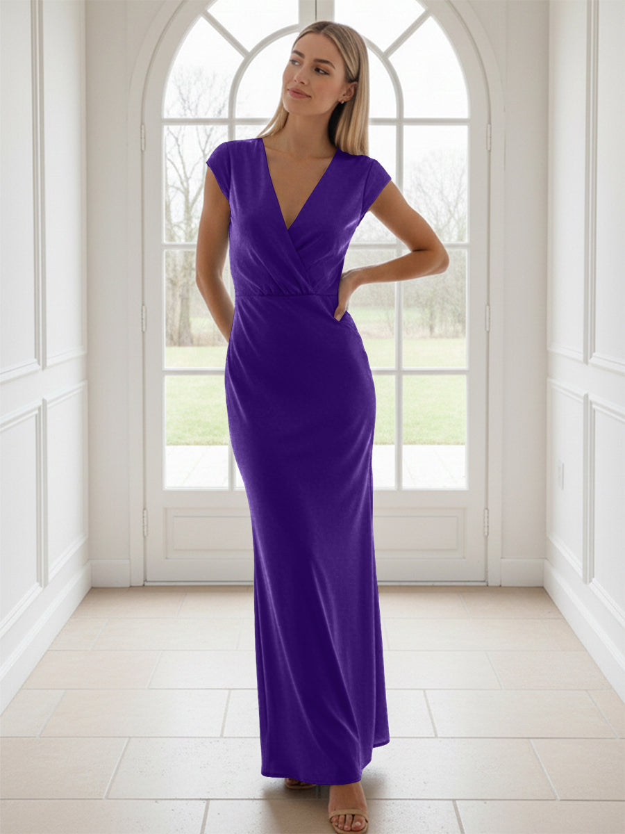 V Neck Short Sleeves Pleated Satin Sheath Formal Dresses