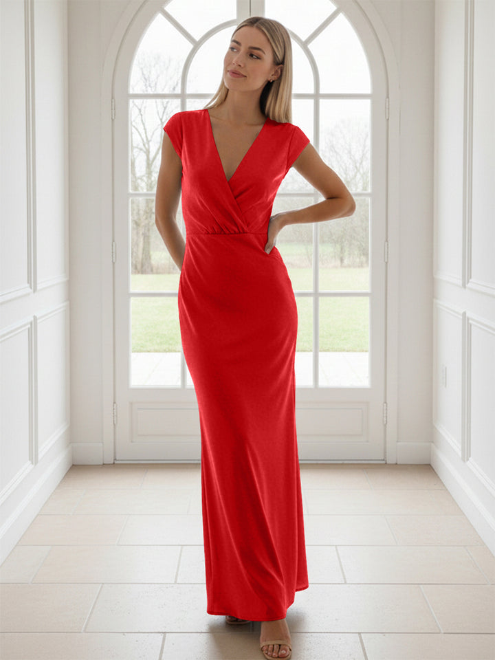 V Neck Short Sleeves Pleated Satin Sheath Formal Dresses