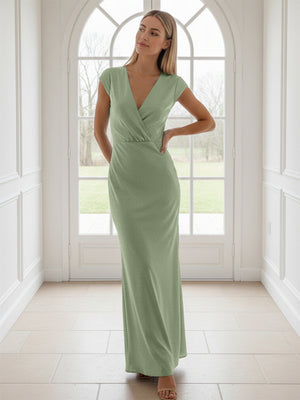 V Neck Short Sleeves Pleated Satin Sheath Bridesmaid Dresses