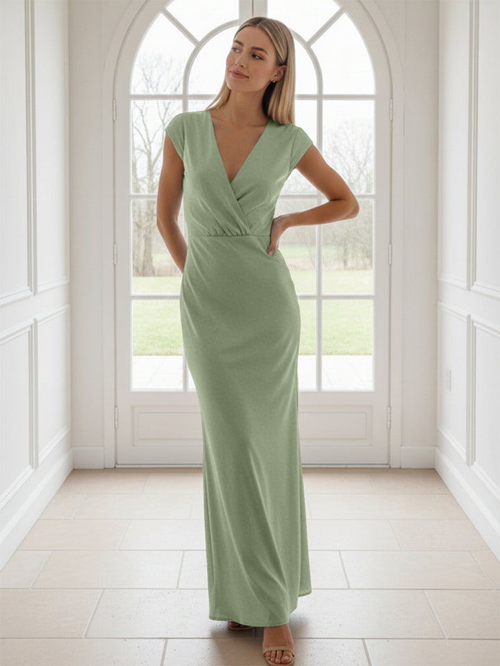 V Neck Short Sleeves Pleated Satin Sheath Formal Dresses
