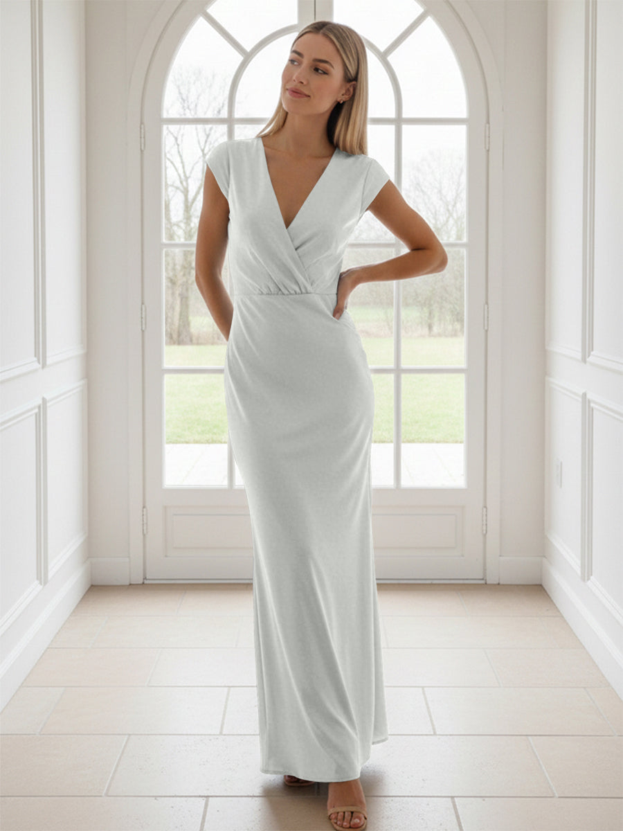 V Neck Short Sleeves Pleated Satin Sheath Formal Dresses