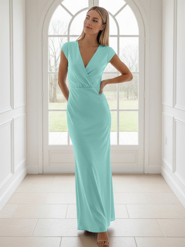 V Neck Short Sleeves Pleated Satin Sheath Bridesmaid Dresses