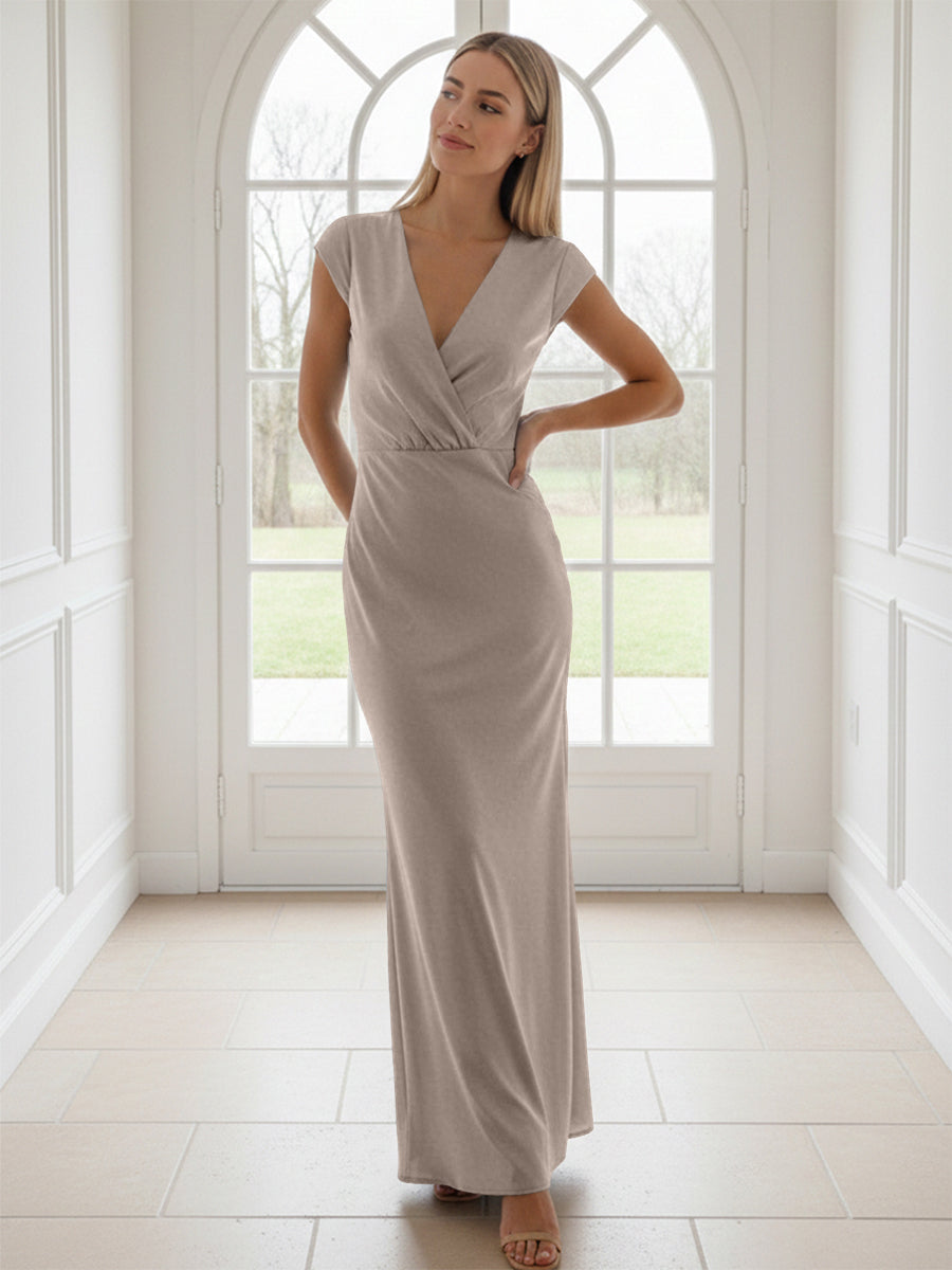 V Neck Short Sleeves Pleated Satin Sheath Formal Dresses