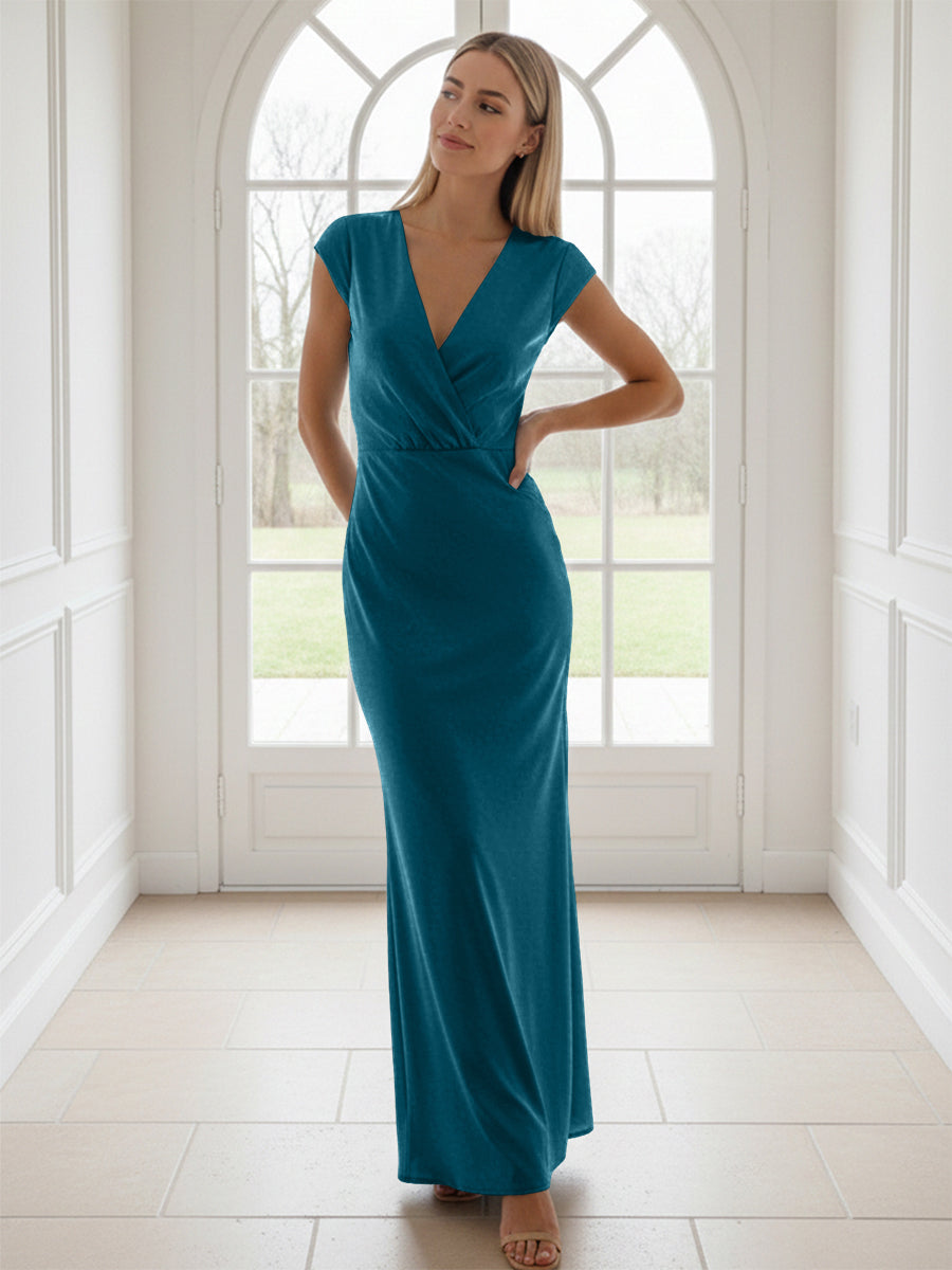 V Neck Short Sleeves Pleated Satin Sheath Formal Dresses