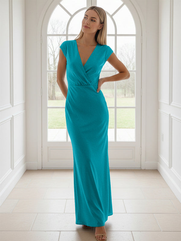 V Neck Short Sleeves Pleated Satin Sheath Bridesmaid Dresses