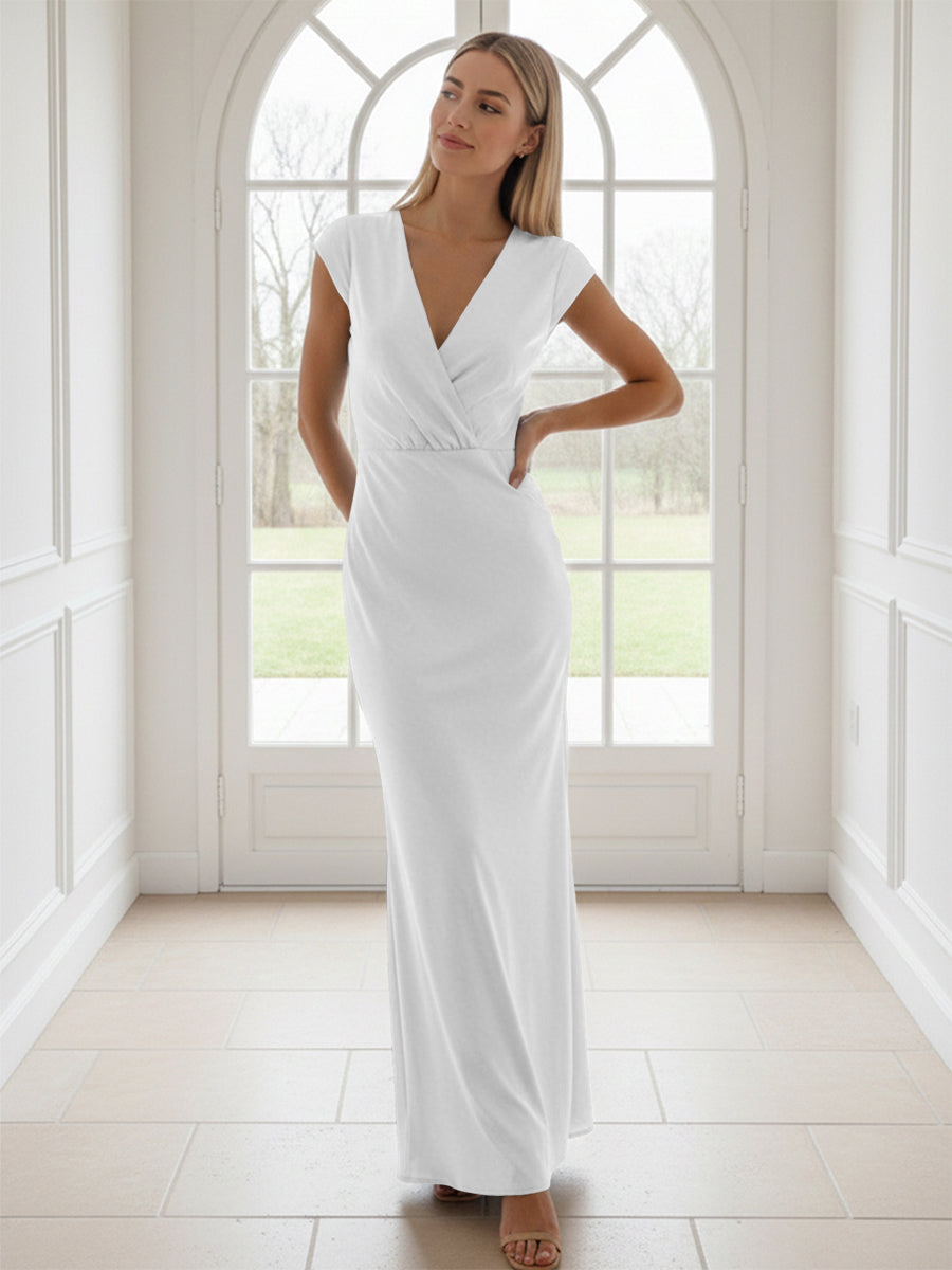 V Neck Short Sleeves Pleated Satin Sheath Formal Dresses