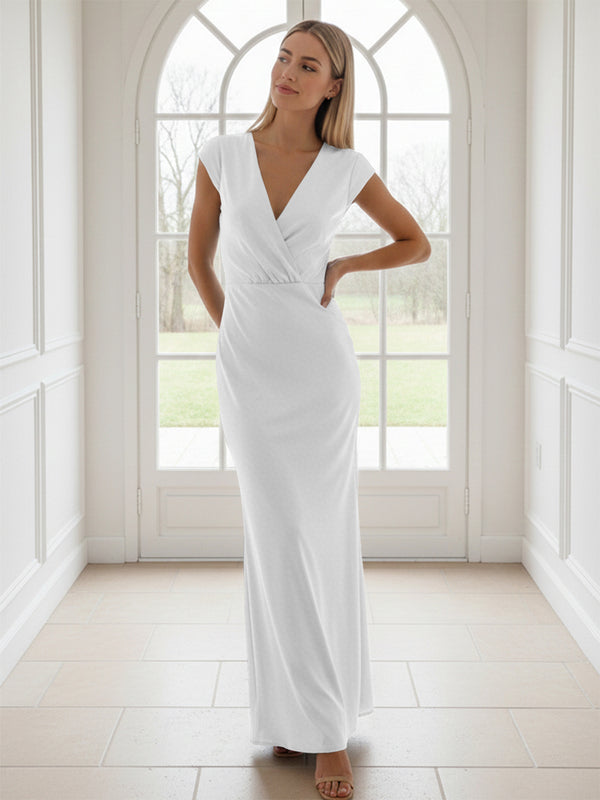 V Neck Short Sleeves Pleated Satin Sheath Bridesmaid Dresses