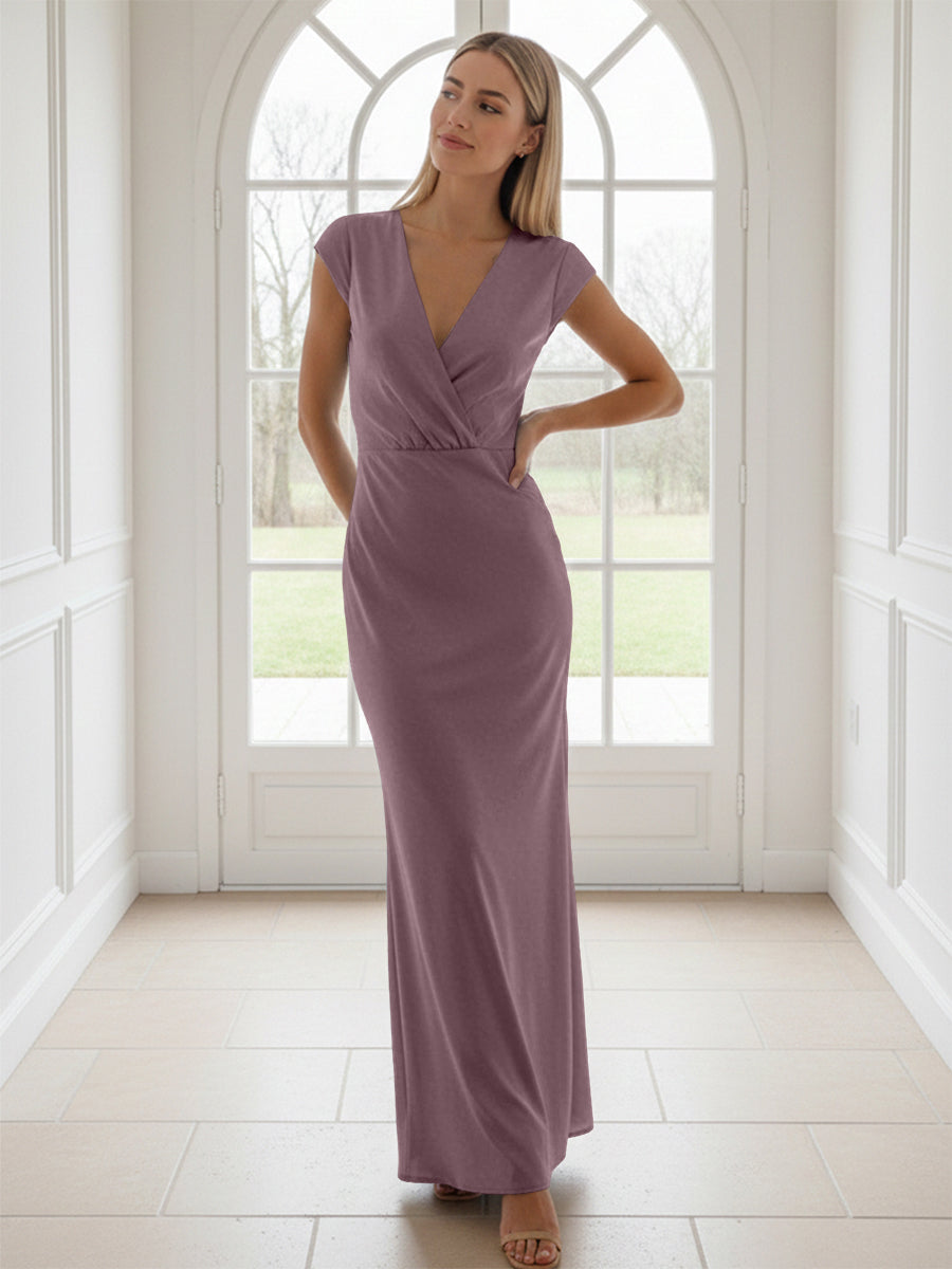 V Neck Short Sleeves Pleated Satin Sheath Formal Dresses