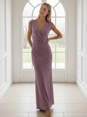 V Neck Short Sleeves Pleated Satin Sheath Bridesmaid Dresses