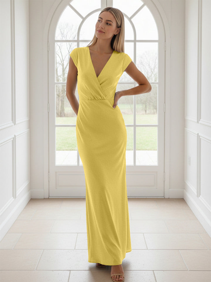 V Neck Short Sleeves Pleated Satin Sheath Formal Dresses