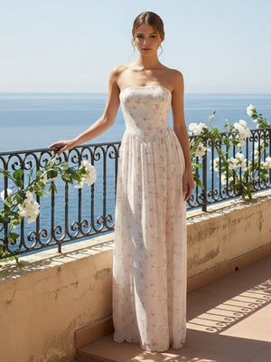 Strapless Pleated A Line Floral Print Bridesmaid Dresses