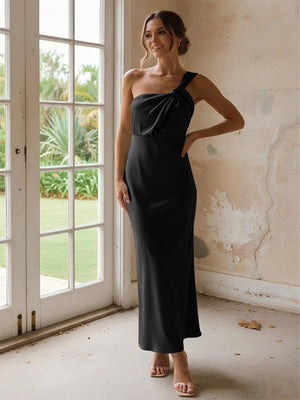 One Shoulder Pleated Satin Mermaid Bridesmaid Dresses