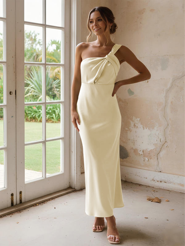 One Shoulder Pleated Satin Mermaid Bridesmaid Dresses