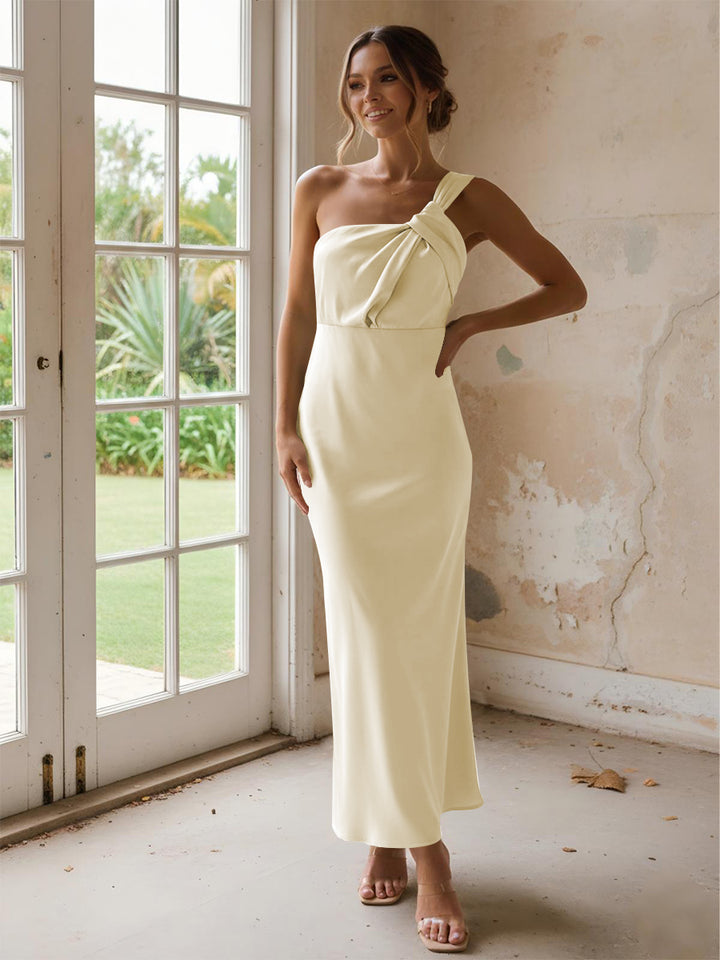 One Shoulder Pleated Satin Mermaid Bridesmaid Dresses
