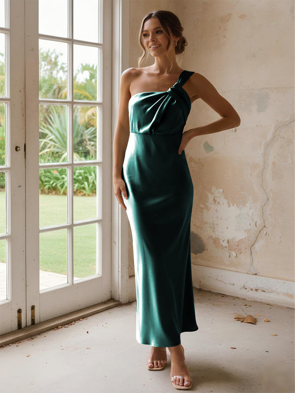 One Shoulder Pleated Satin Mermaid Bridesmaid Dresses