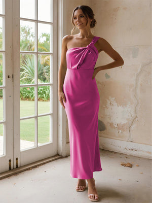 One Shoulder Pleated Satin Mermaid Bridesmaid Dresses