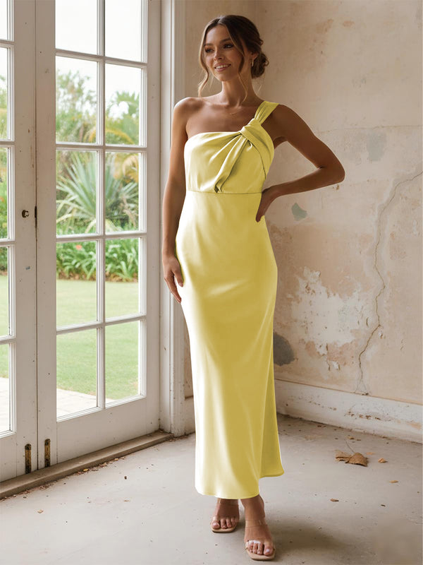 One Shoulder Pleated Satin Mermaid Bridesmaid Dresses