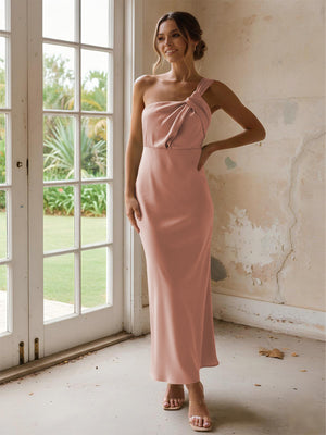 One Shoulder Pleated Satin Mermaid Bridesmaid Dresses