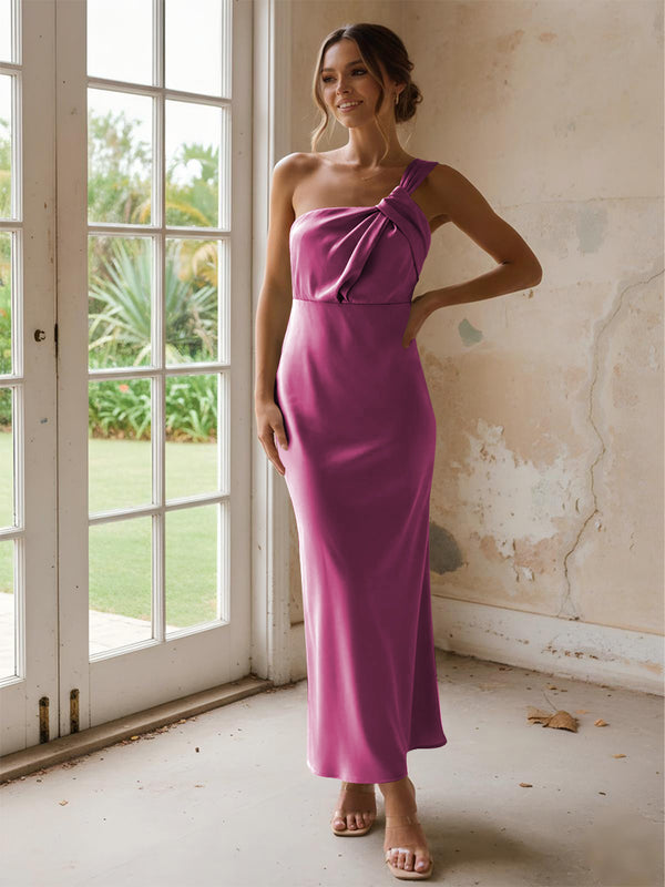 One Shoulder Pleated Satin Mermaid Bridesmaid Dresses