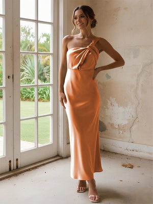 One Shoulder Pleated Satin Mermaid Bridesmaid Dresses