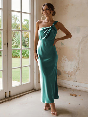One Shoulder Pleated Satin Mermaid Bridesmaid Dresses