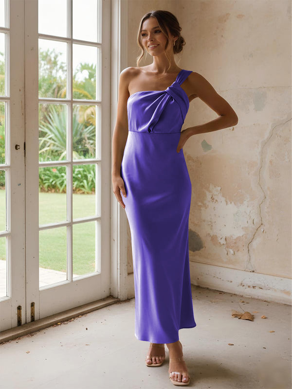 One Shoulder Pleated Satin Mermaid Bridesmaid Dresses
