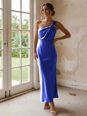 One Shoulder Pleated Satin Mermaid Bridesmaid Dresses