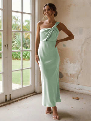 One Shoulder Pleated Satin Mermaid Bridesmaid Dresses