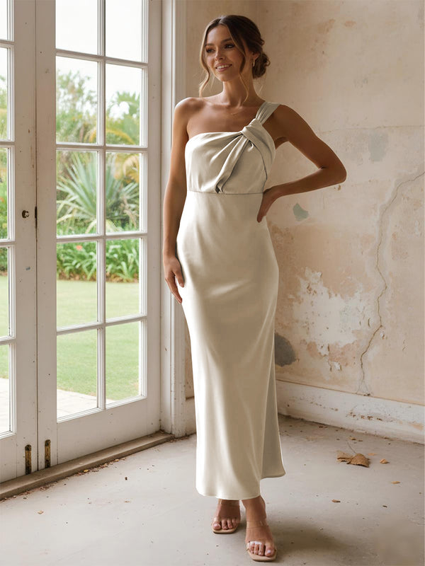 One Shoulder Pleated Satin Mermaid Bridesmaid Dresses