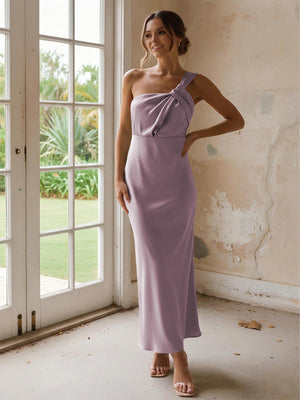 One Shoulder Pleated Satin Mermaid Bridesmaid Dresses