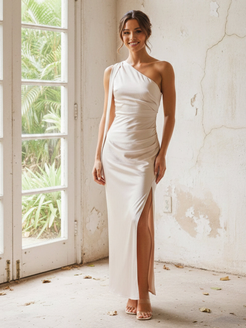 One Shoulder Pleated Satin Mermaid Bridesmaid Dresses with Slit