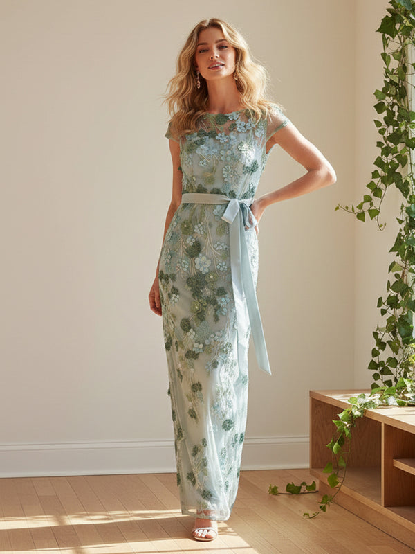 Round Neck Short Sleeves Floral Print Bow Mermaid Formal Dresses