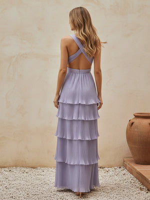 V Neck Chiffon Pleated Tiered A Line Wedding Guest Dresses