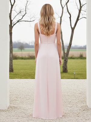 Round Neck Satin Spaghetti Straps Pleated A Line Bridesmaid Dresses