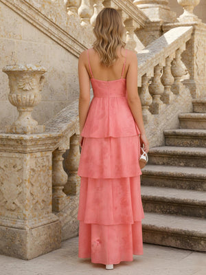 Floral Print Cowl Neck Spaghetti Straps Tiered A Line Bridesmaid Dresses