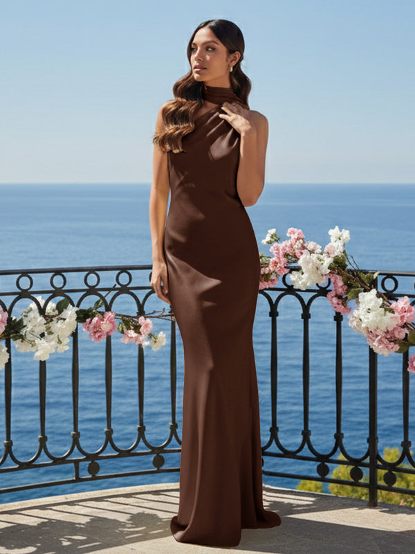 One Shoulder Satin Long Bridesmaid Dresses with Scarf
